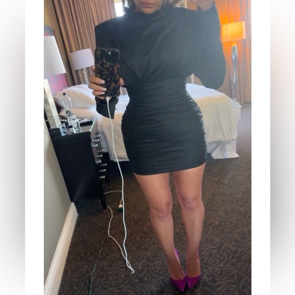 House of CB Giorgiana Mini Dress Rouched Satin Black - Picture 8 of 9